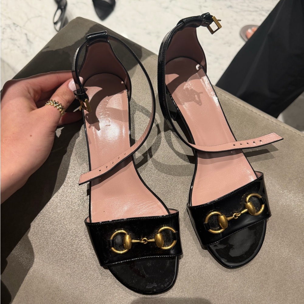 Black Patent Leather Ankle-Strap Sandals with Gold Hardware
